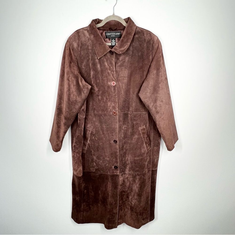 VTG Centigrade Suede Brown Suede Leather Long Trench Coat Dark Brown 1X